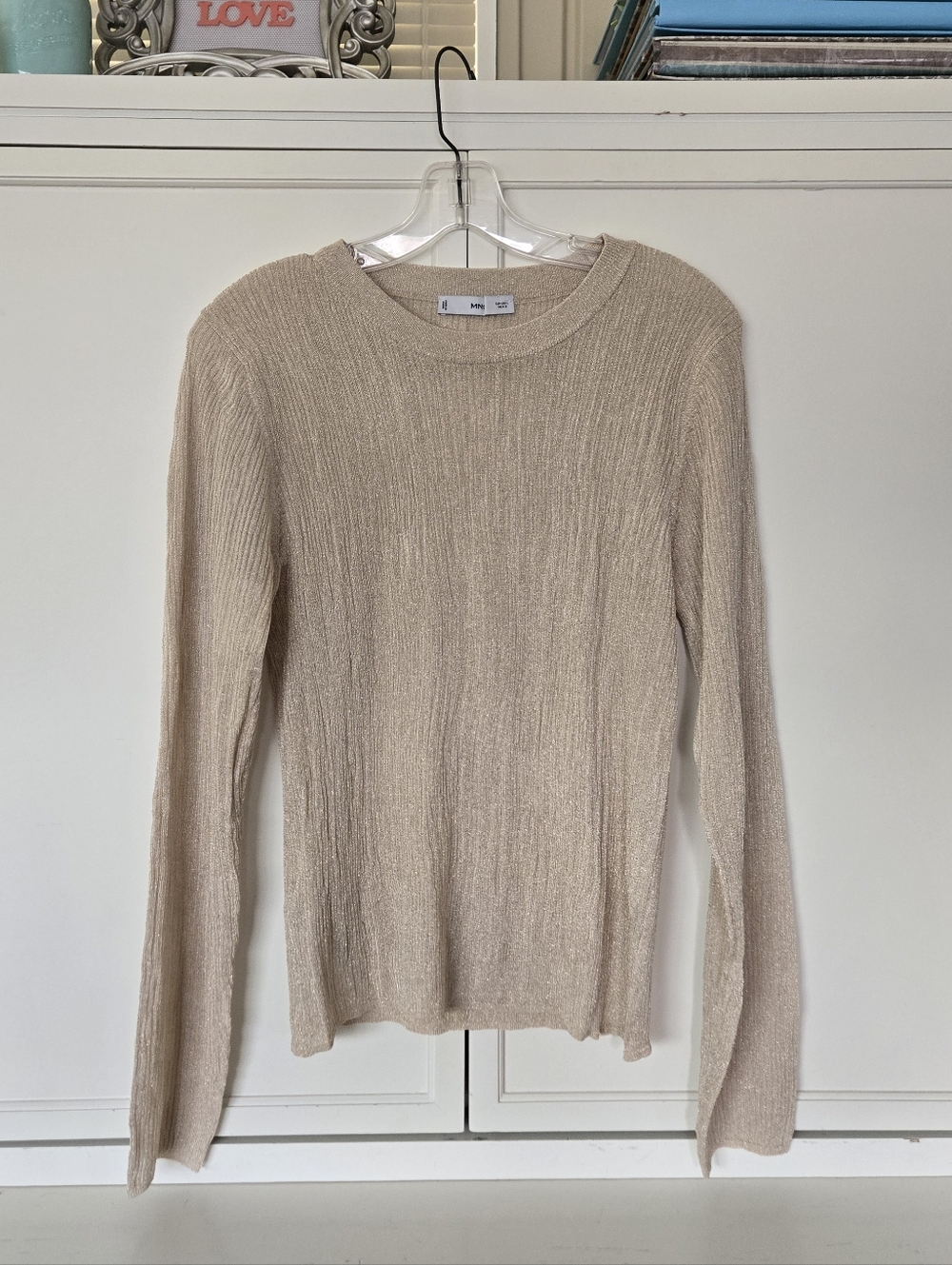 Mango Shimmery Beige Ribbed Crewneck Sweater